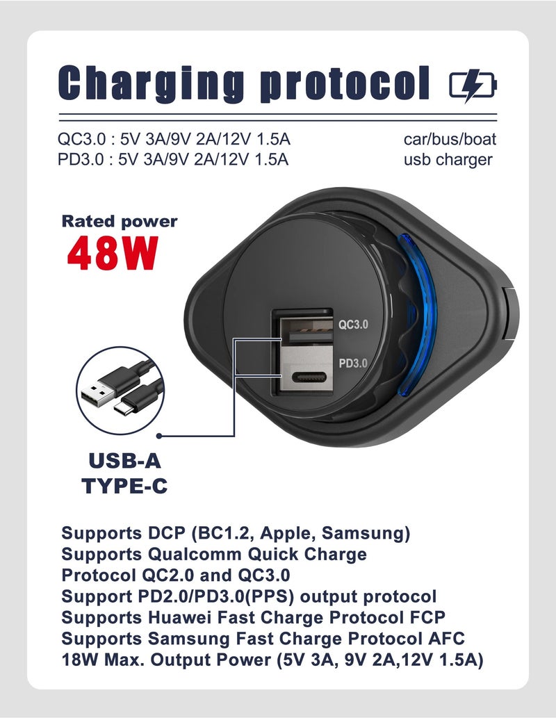 Y&D 5V/4.8A, 3.1A & PD 3.0 USB Car Charger: 24V Marine, 12V Dual PD Panel Mount USB-C Outlet, QC 3.0 Adapter for Automobile Chargers - Image 4